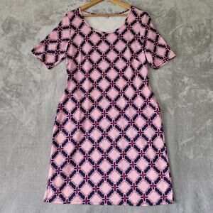 Sunsets & Sweet Tea Dress Womens Large Navy Blue Pink Diamond Stretch Pockets